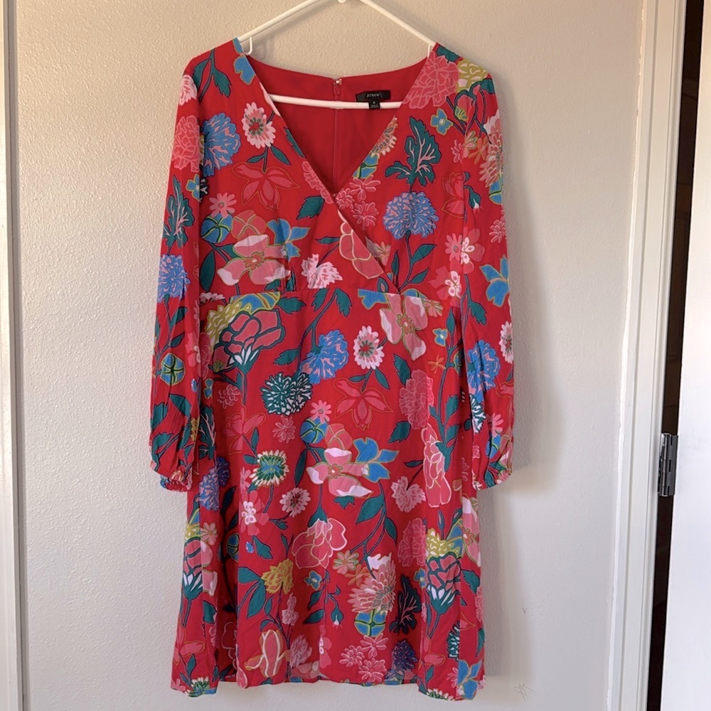 J. Crew Bright Red Floral Print Dress V Neck Bold Bright Colorful 8 Medium